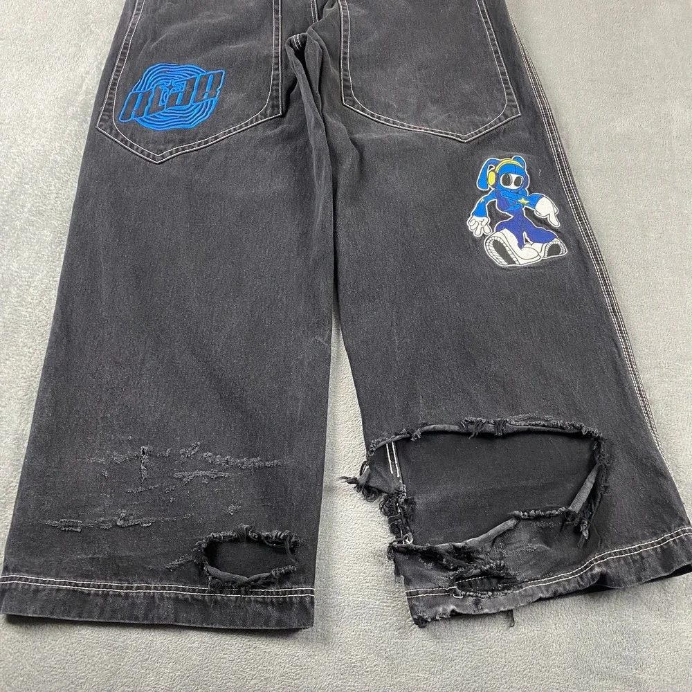 A-Lab Men 40x32 Baggy Skate Jeans Trashed Y2K  Black Embroidered Wide Leg